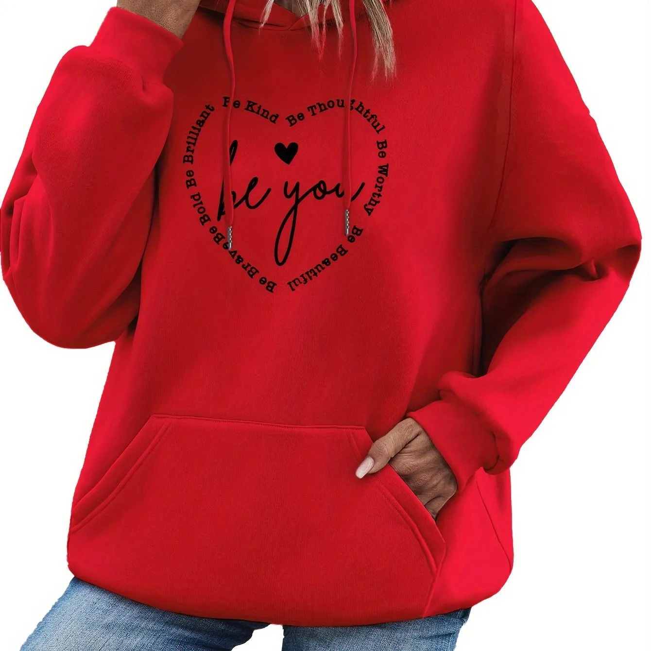 Heart & Letter Print Drawstring Hoodie - Cozy Casual Long Sleeve Hooded Sweatshirt with Adjustable Drawstring, Soft Brushed Fabric, and Relaxed Fit - Women's Comfortable Clothing for Daily Wear