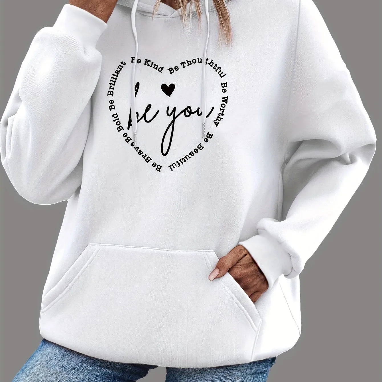 Heart & Letter Print Drawstring Hoodie - Cozy Casual Long Sleeve Hooded Sweatshirt with Adjustable Drawstring, Soft Brushed Fabric, and Relaxed Fit - Women's Comfortable Clothing for Daily Wear