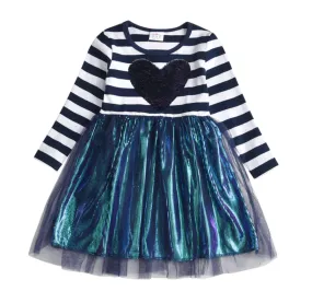 Heart & Stripes  -  Girls Long Sleeve Tulle Skirt Dress