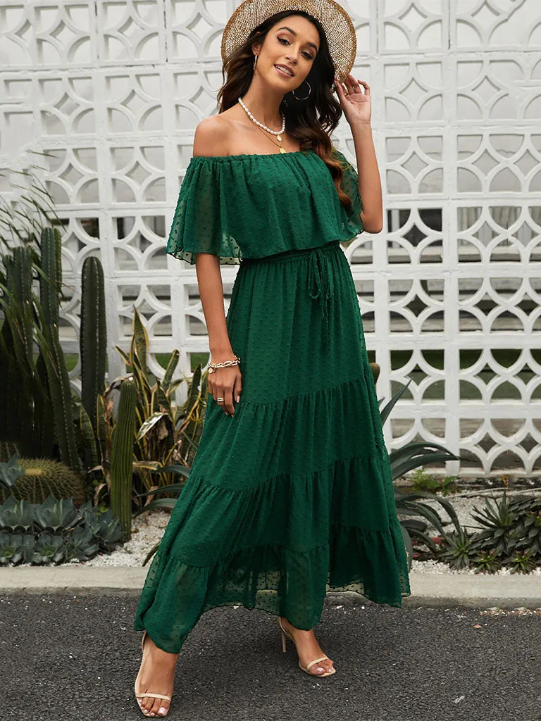 High Waist Off Shoulder Short Sleeves Solid Color Chiffon Maxi Boho Dress