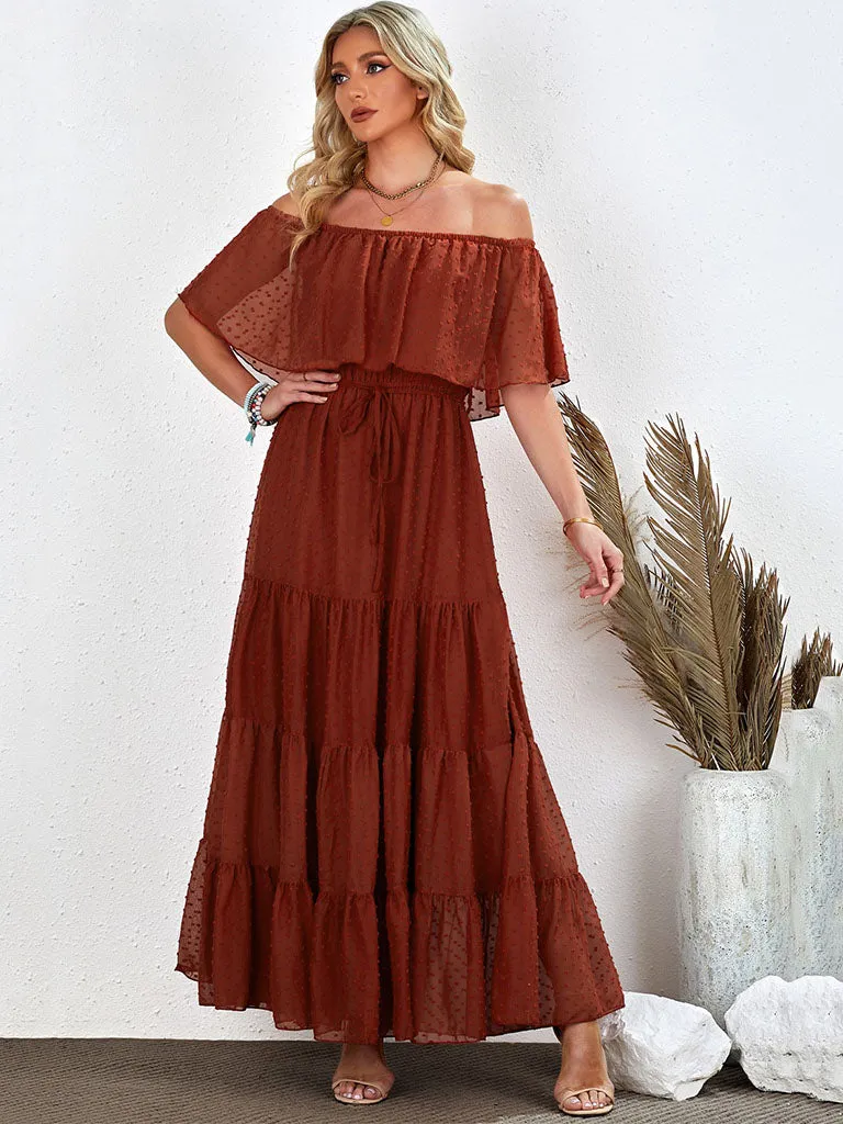 High Waist Off Shoulder Short Sleeves Solid Color Chiffon Maxi Boho Dress