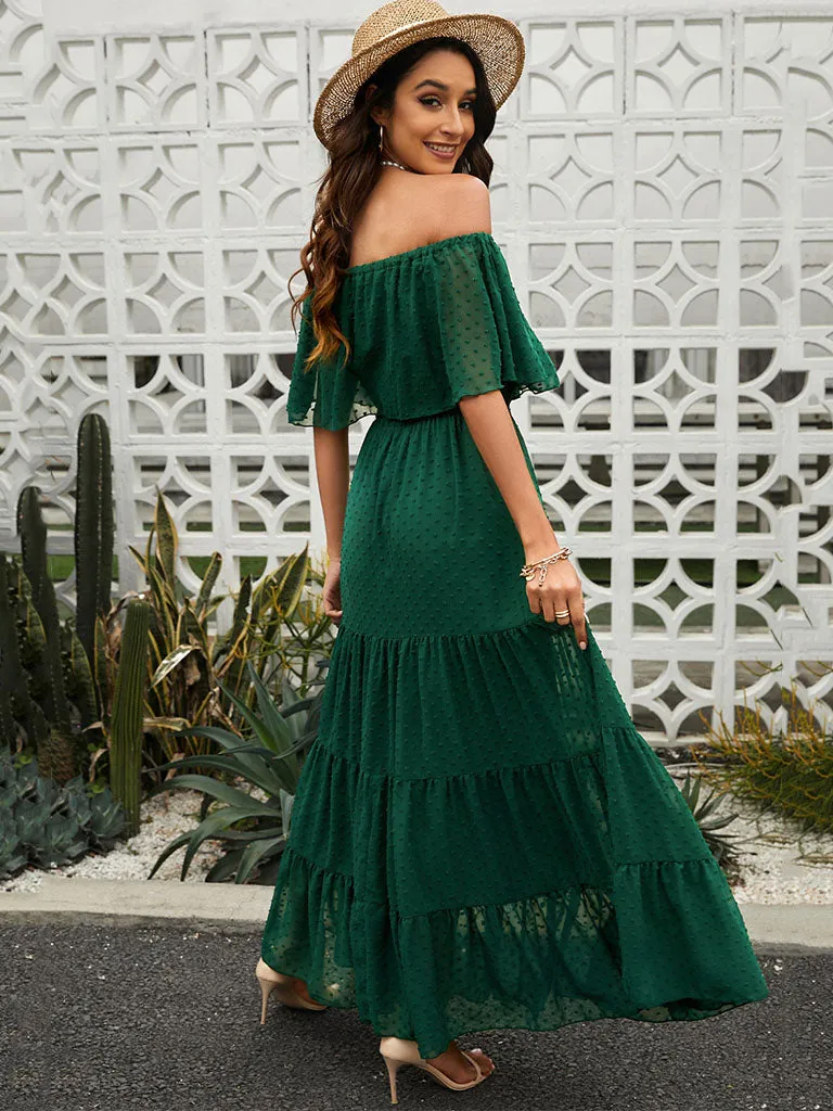 High Waist Off Shoulder Short Sleeves Solid Color Chiffon Maxi Boho Dress