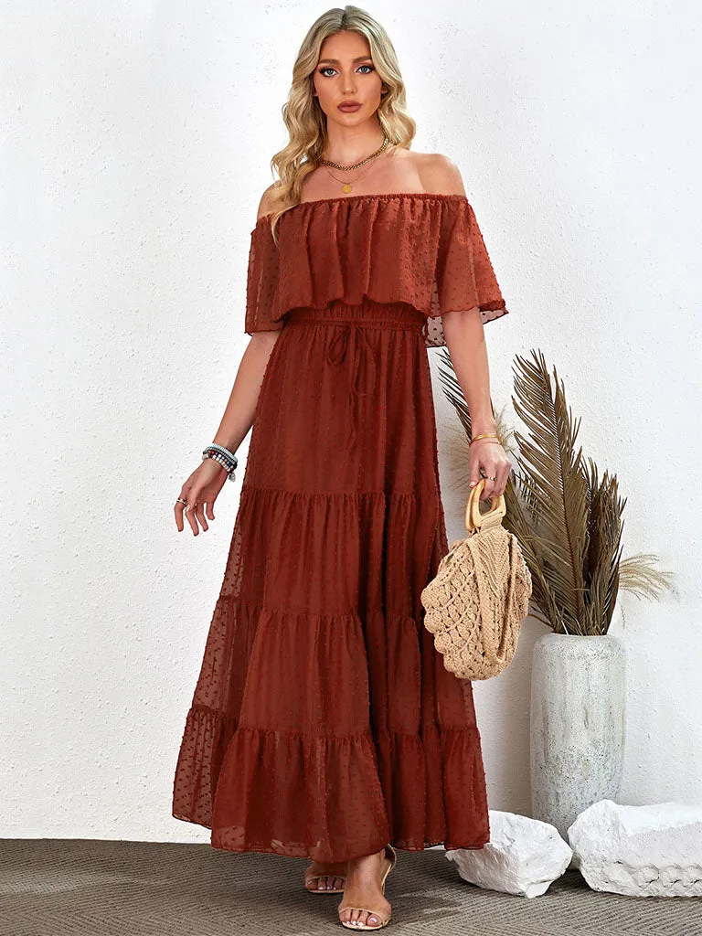 High Waist Off Shoulder Short Sleeves Solid Color Chiffon Maxi Boho Dress