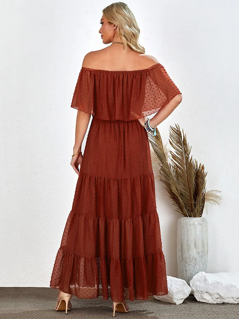 High Waist Off Shoulder Short Sleeves Solid Color Chiffon Maxi Boho Dress