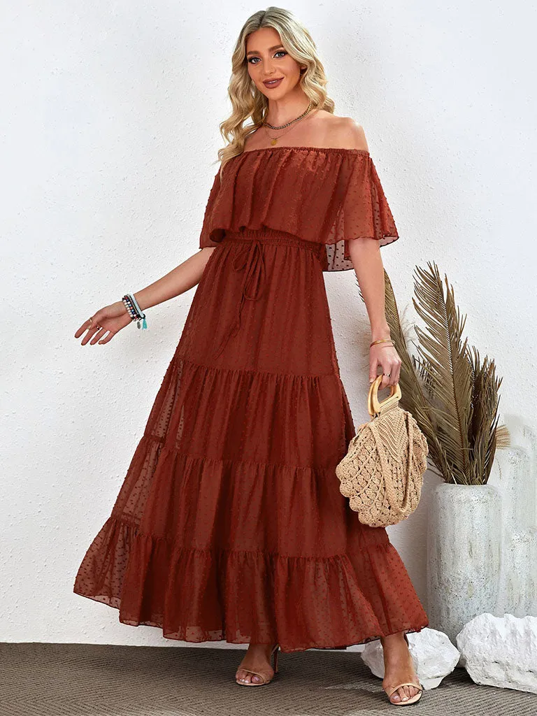 High Waist Off Shoulder Short Sleeves Solid Color Chiffon Maxi Boho Dress