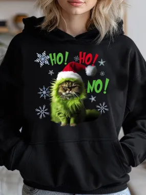 Ho Ho No - Funny Bad Cat Christmas, Gich Woman's Cozy Classic Print Pullover Hoodie, Casual Long Sleeve Crew Neck Hoodie