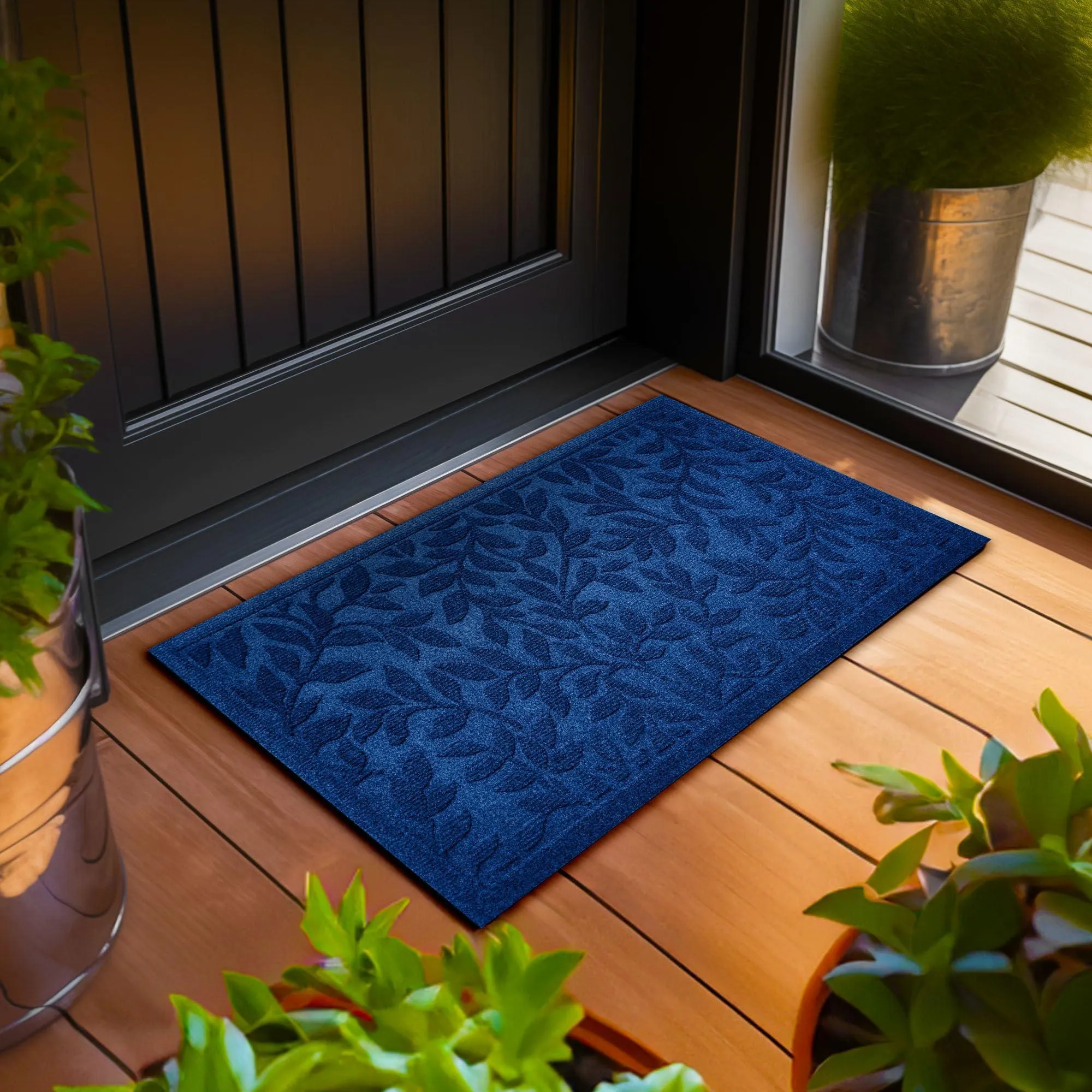 Home Entrance Blue Leaves Door Mat Deluxe 17x29.5 in Absorbent Natural Rubber