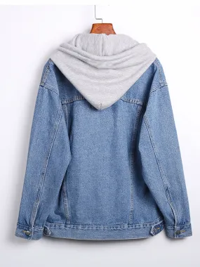 Hoodie Hat Oversized Long Denim Jacket, Flap Pockets Long Sleeve Denim Coat, Women's Denim & Clothing