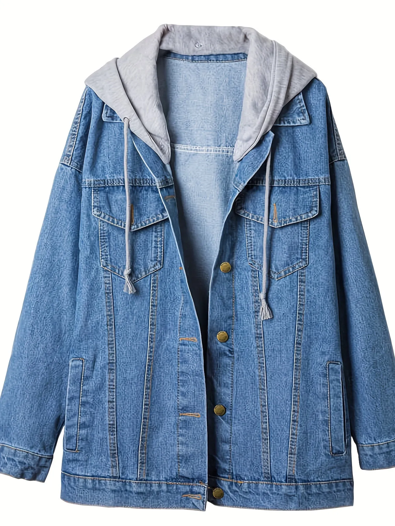 Hoodie Hat Oversized Long Denim Jacket, Flap Pockets Long Sleeve Denim Coat, Women's Denim & Clothing