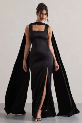 Intuition | Black Satin Square-Neck Split Maxi Dress With Scarf