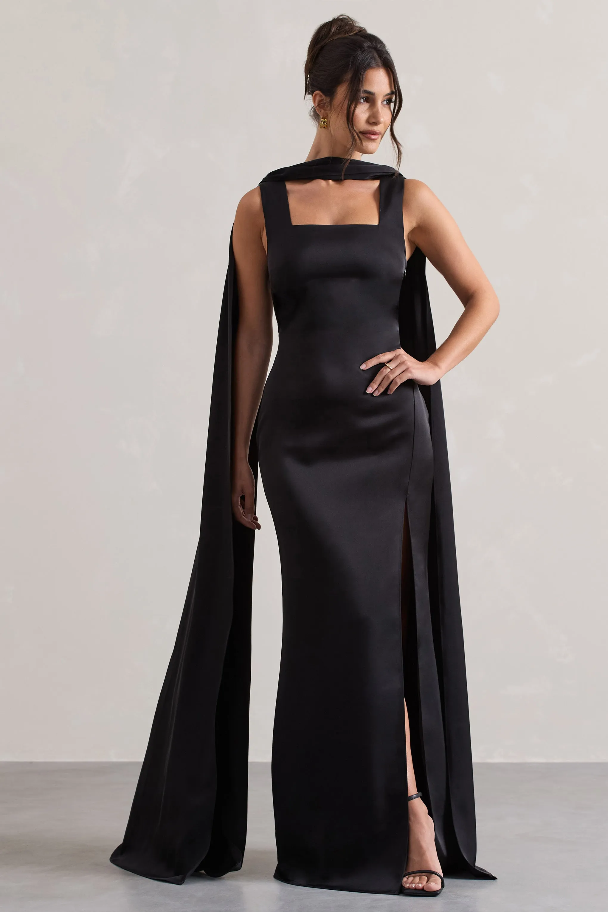 Intuition | Black Satin Square-Neck Split Maxi Dress With Scarf