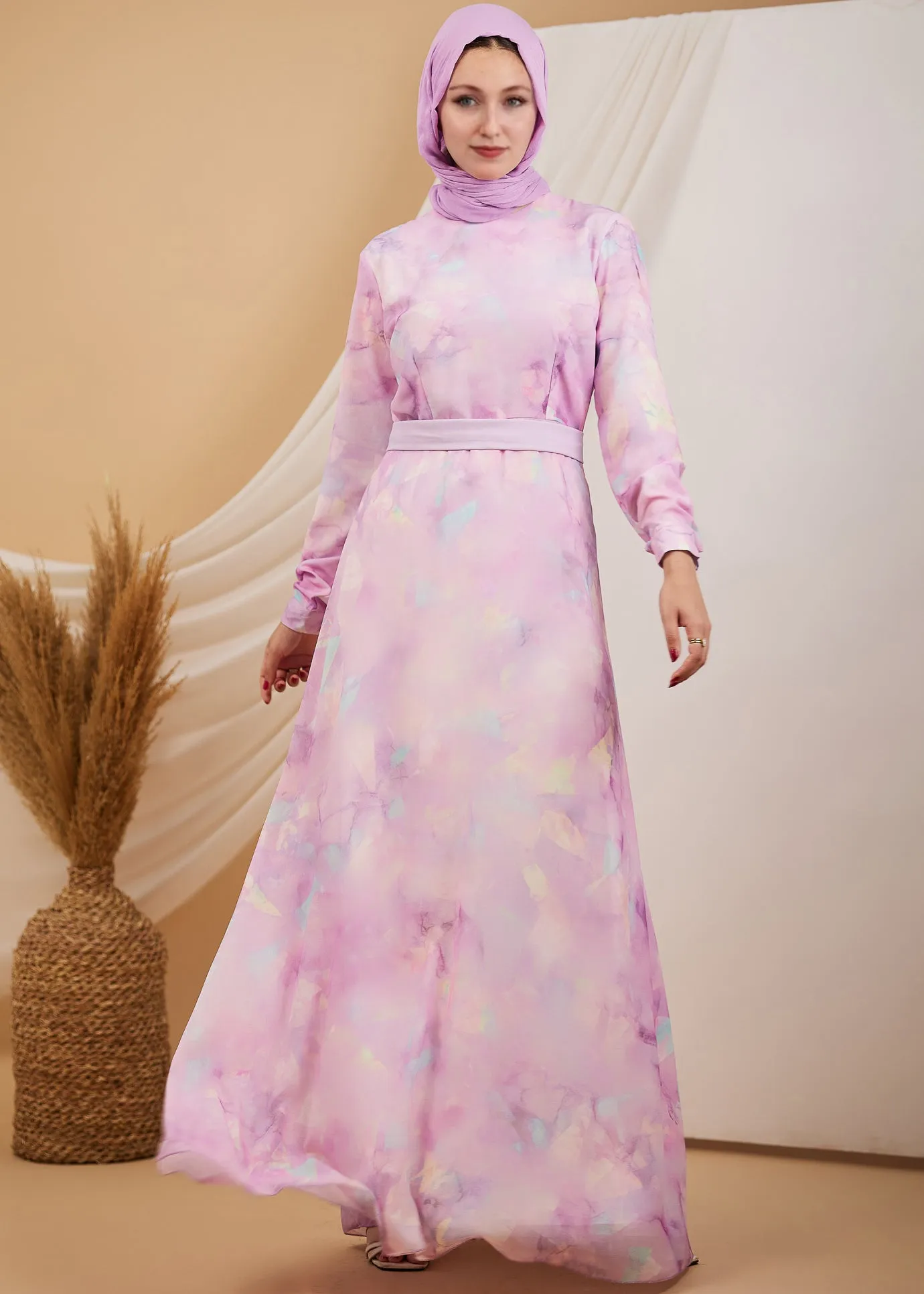 Kawthar Lunar Blossom High Neck Chiffon Maxi Dress in Pastel Watercolor Print