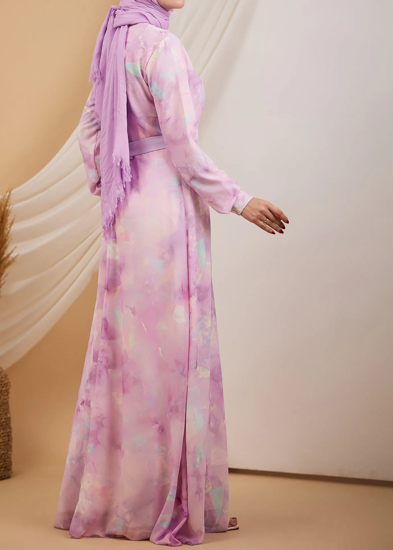 Kawthar Lunar Blossom High Neck Chiffon Maxi Dress in Pastel Watercolor Print