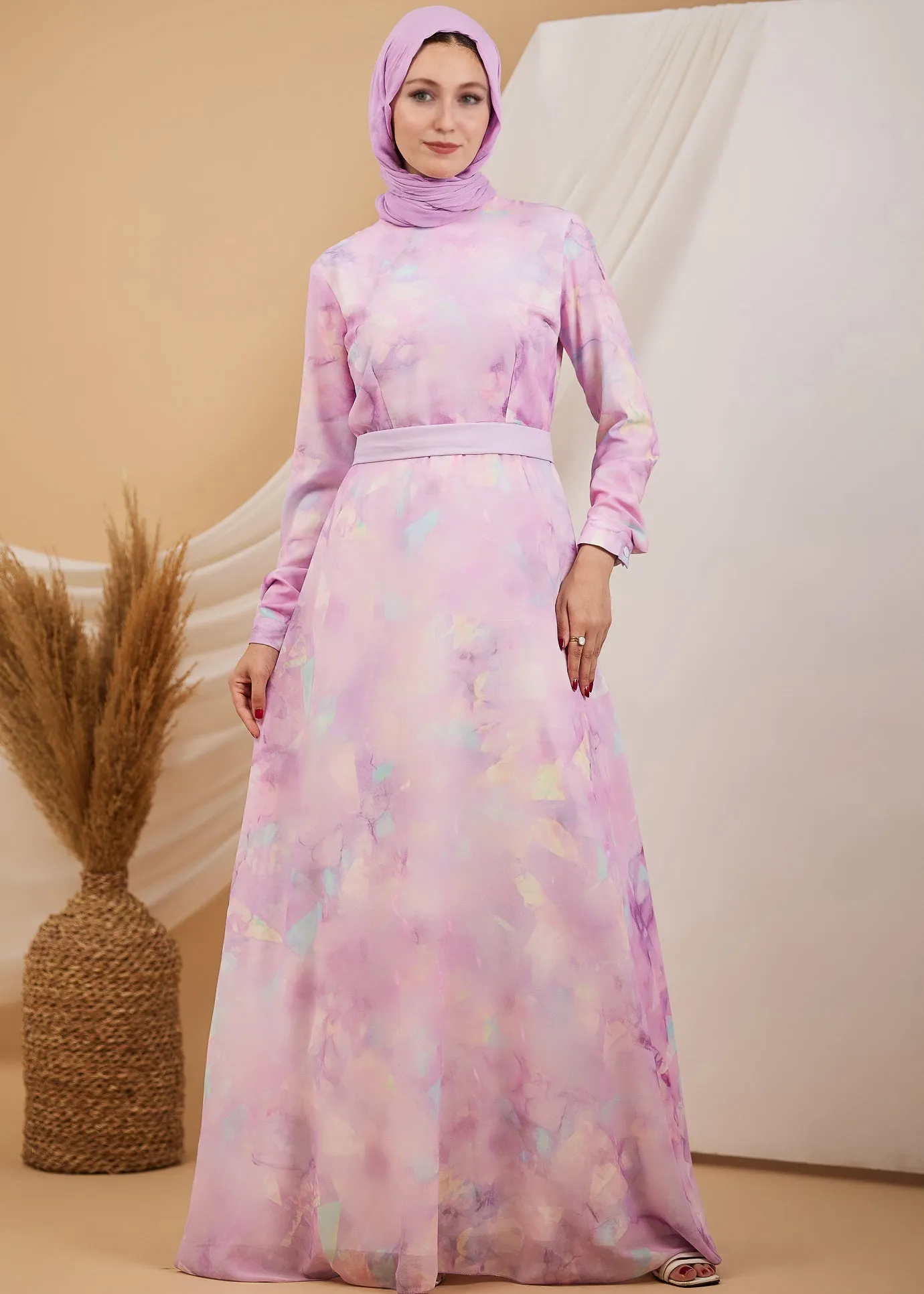 Kawthar Lunar Blossom High Neck Chiffon Maxi Dress in Pastel Watercolor Print