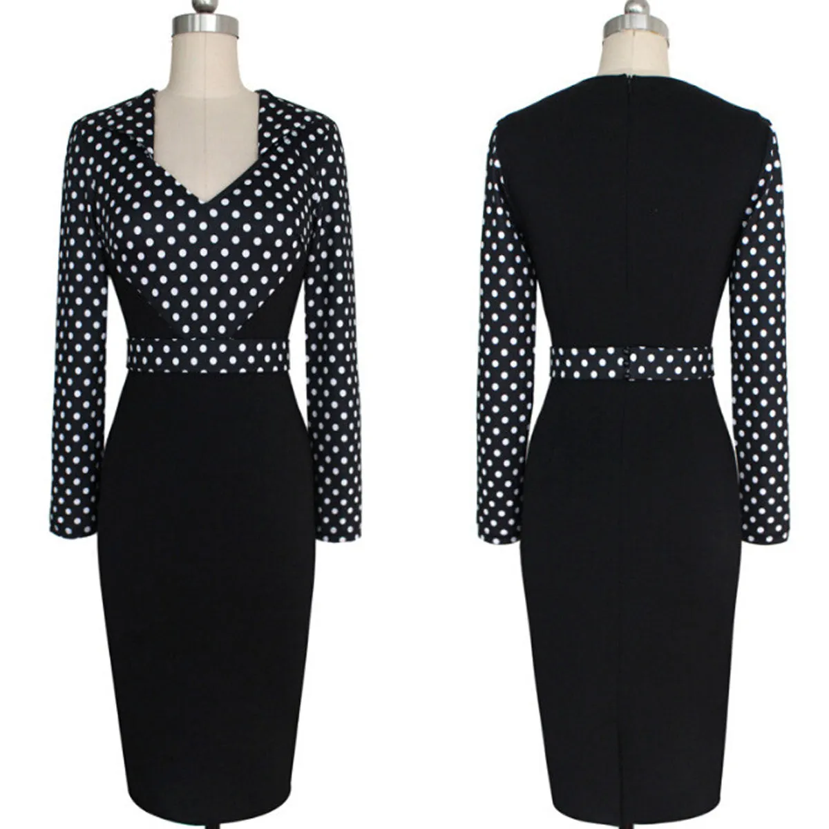 Ketty More Women Polka Dots Slim Skirt Long Sleeves Dress-KMWD267