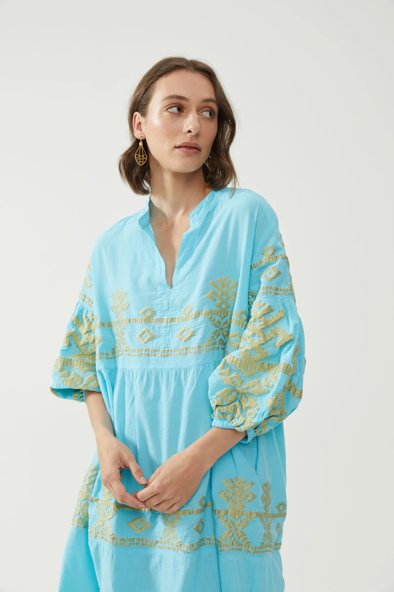 Kiitos Long Carmen Dress - Turquoise/Gold