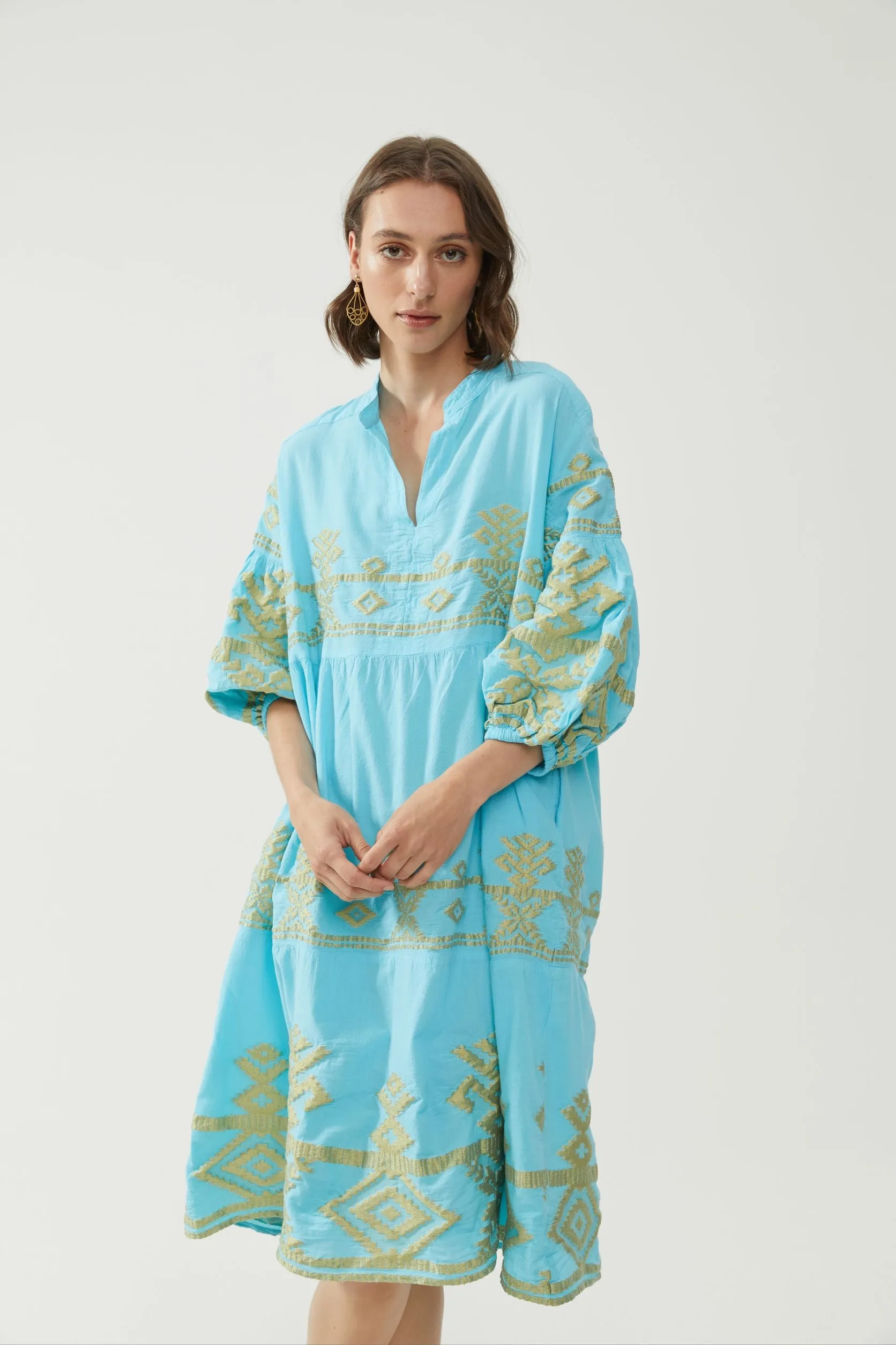 Kiitos Long Carmen Dress - Turquoise/Gold