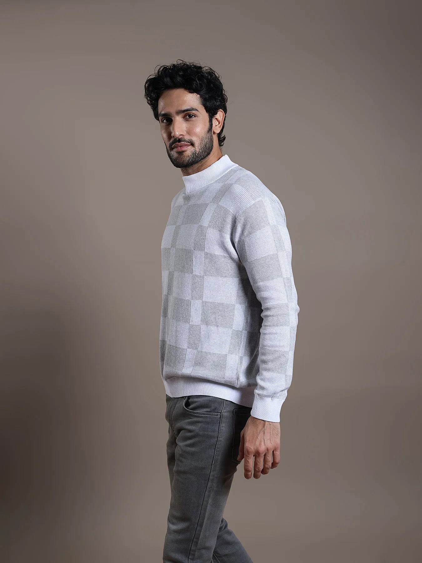 Knitted Light Grey Checkered Regular Fit Full Sleeve Casual Pullover