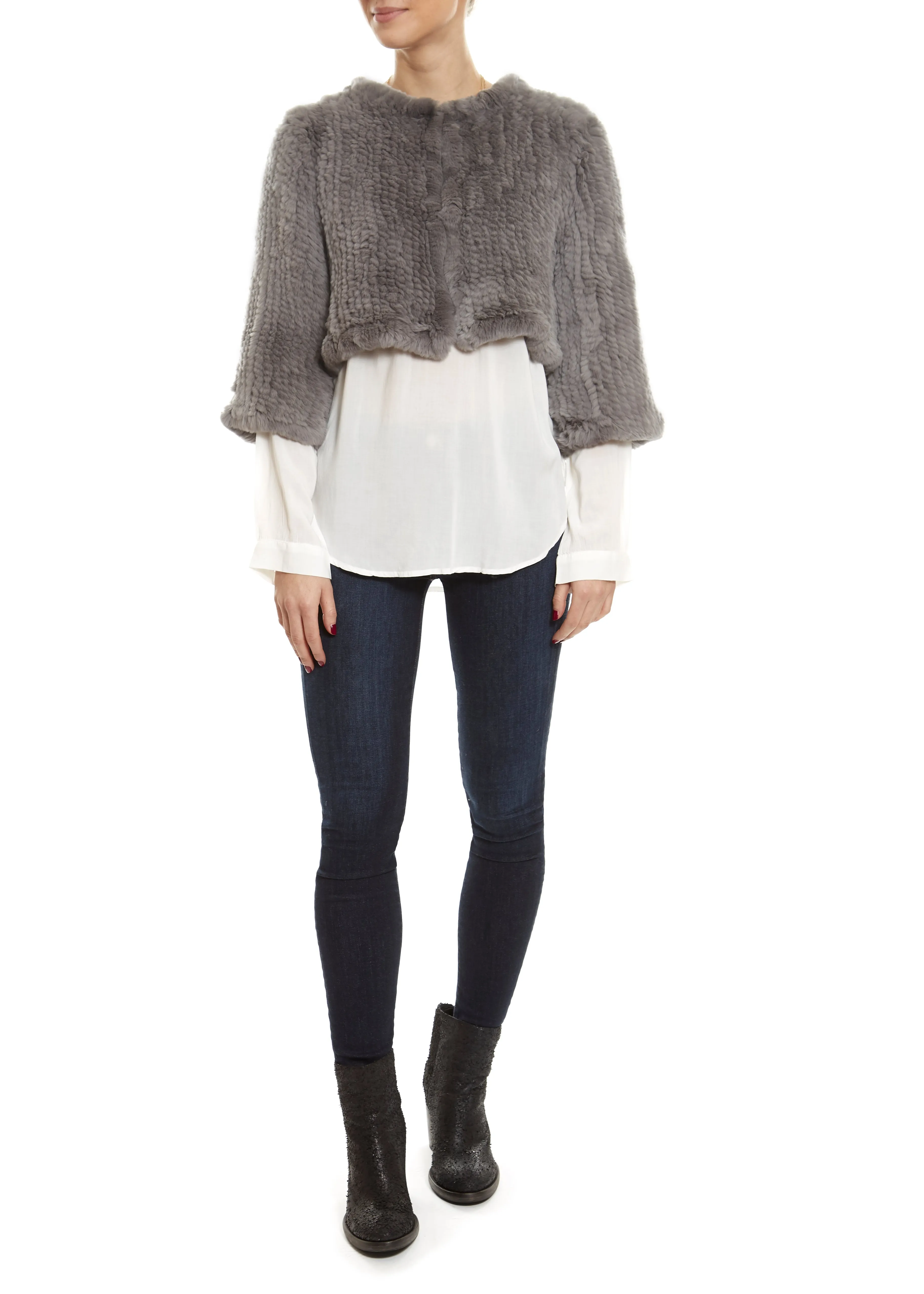 Knitted Rabbit Light Grey Genuine Fur Jacket