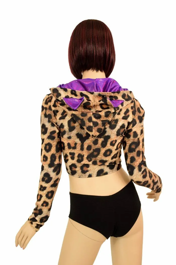 Leopard Cat Ear Zipper Front Crop Top