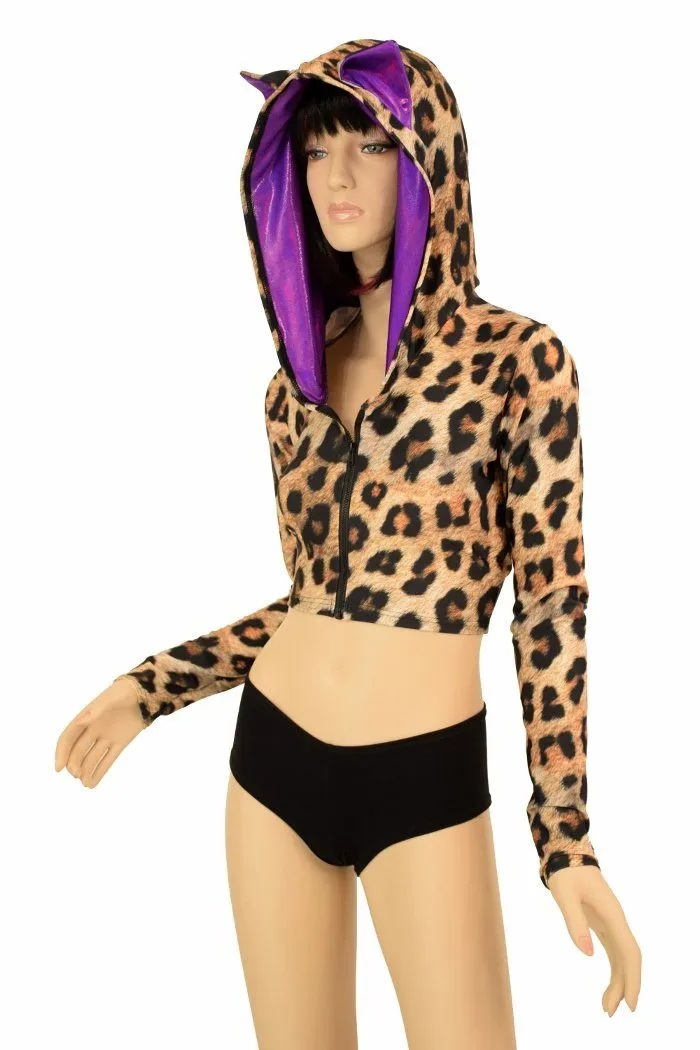 Leopard Cat Ear Zipper Front Crop Top