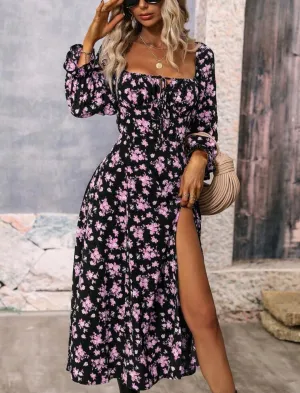 Lilac Floral Print Square Neck Slit Dress