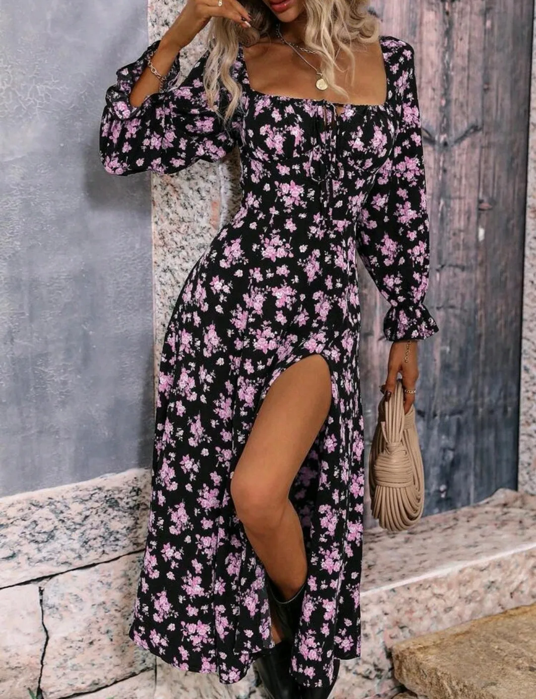 Lilac Floral Print Square Neck Slit Dress