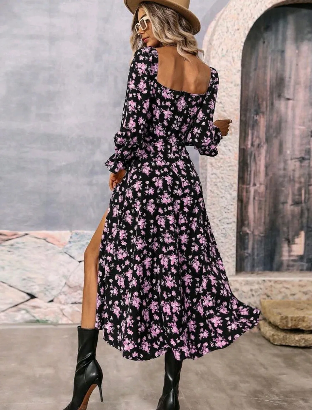 Lilac Floral Print Square Neck Slit Dress