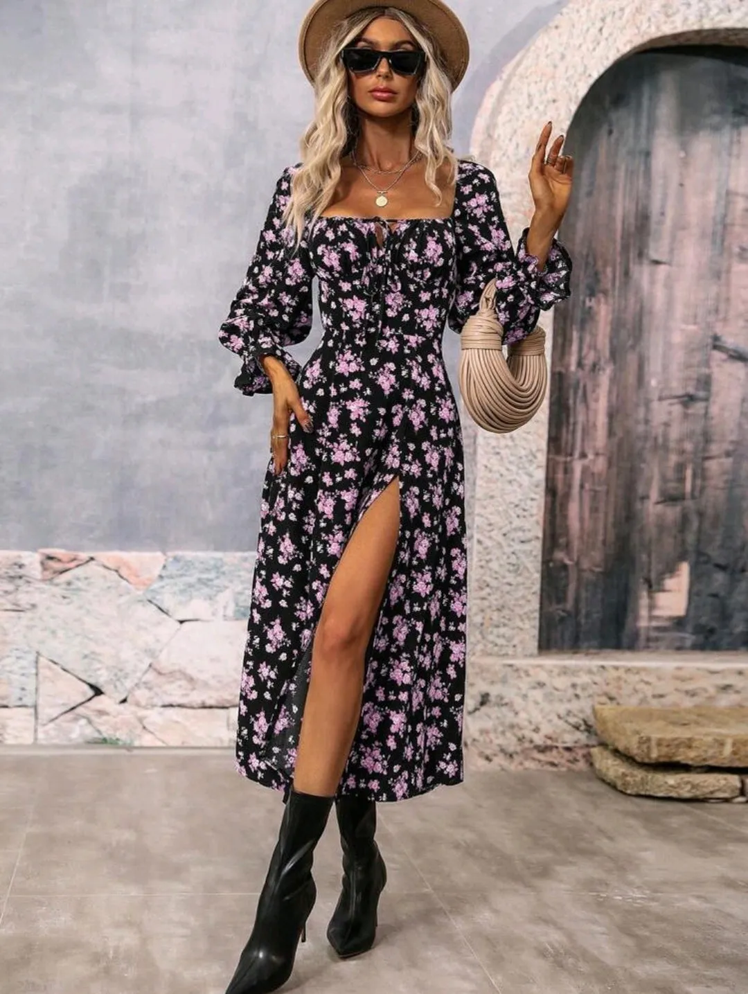 Lilac Floral Print Square Neck Slit Dress