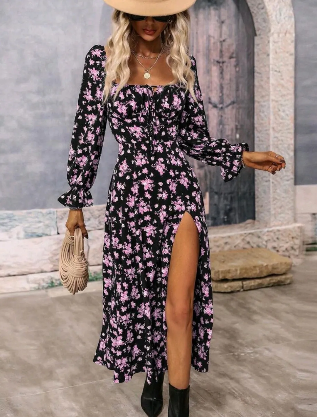 Lilac Floral Print Square Neck Slit Dress