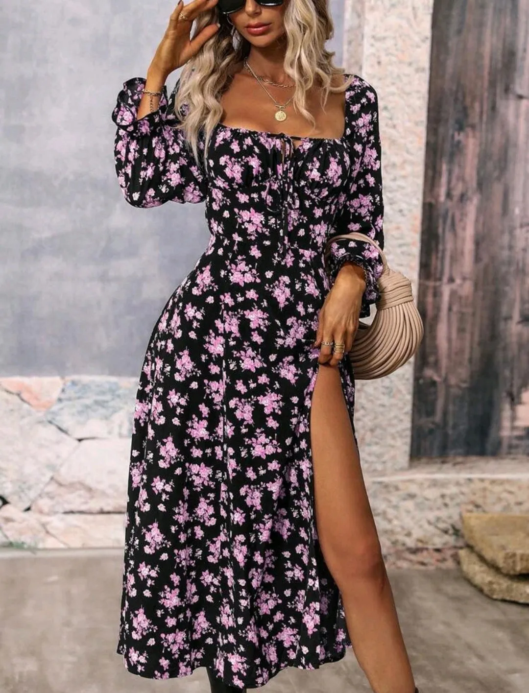 Lilac Floral Print Square Neck Slit Dress