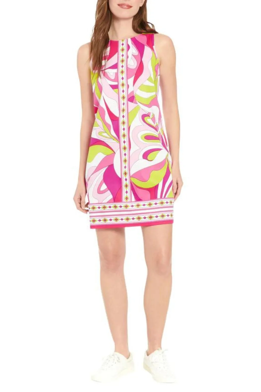 London Times Sleeveless Crew Neck Printed Shift Dress