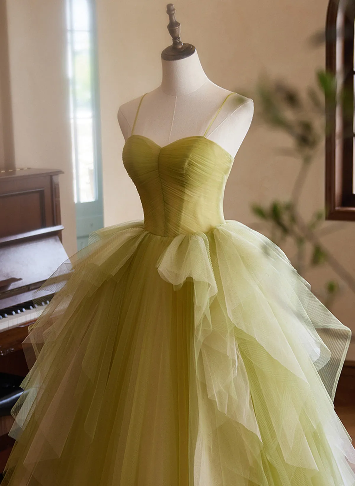 Lovely Green Sweetheart Straps Tulle Long Party Dress, Green Tulle Prom Dress