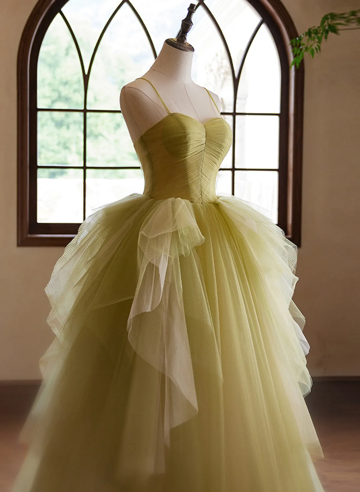 Lovely Green Sweetheart Straps Tulle Long Party Dress, Green Tulle Prom Dress