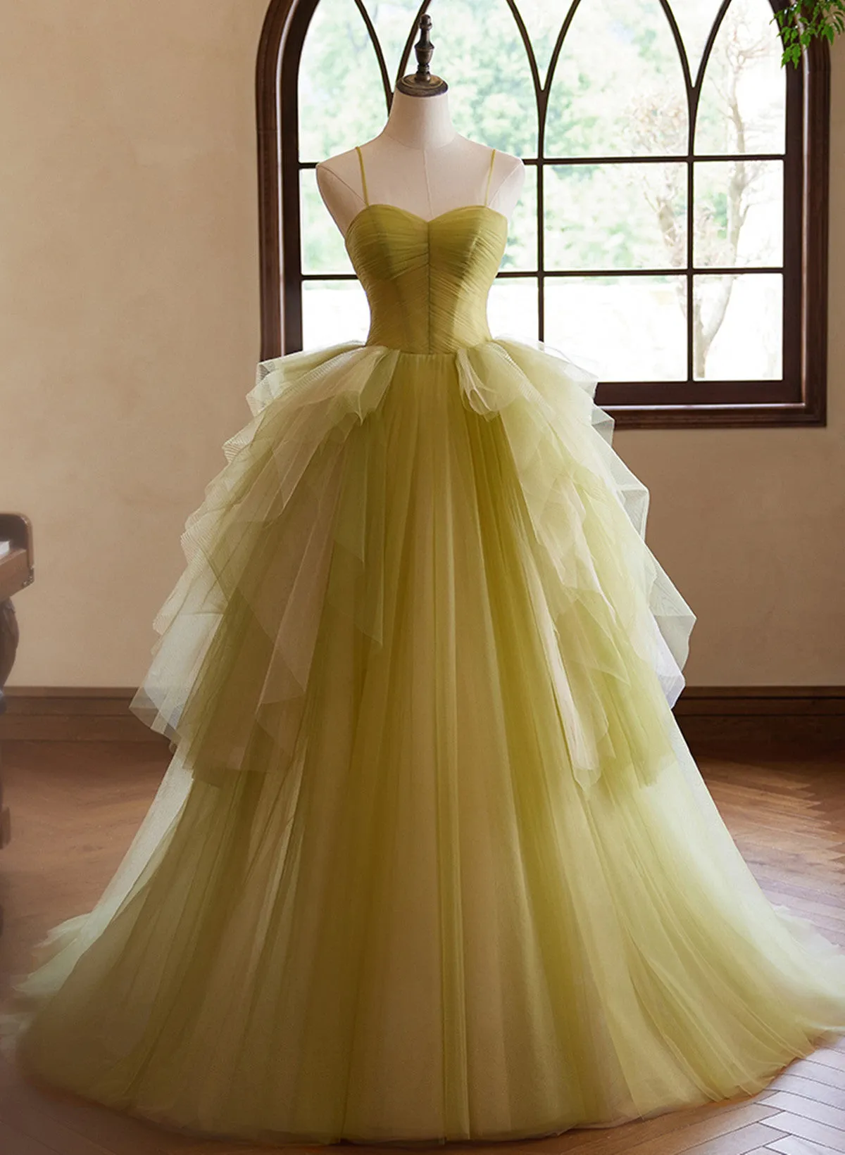 Lovely Green Sweetheart Straps Tulle Long Party Dress, Green Tulle Prom Dress