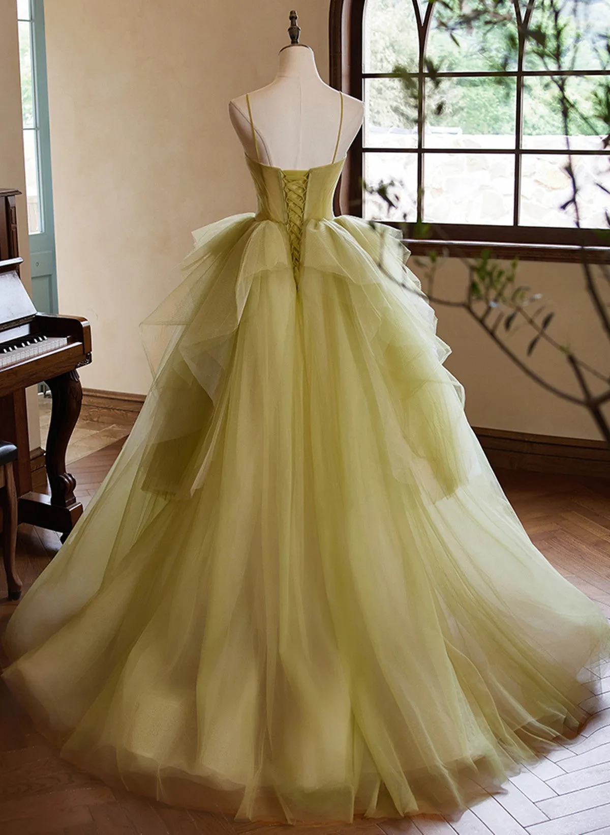 Lovely Green Sweetheart Straps Tulle Long Party Dress, Green Tulle Prom Dress