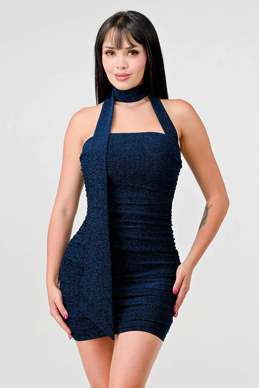 LUXE LUREX KNIT GLITTER SCARF NECK TUBE MINI DRESS