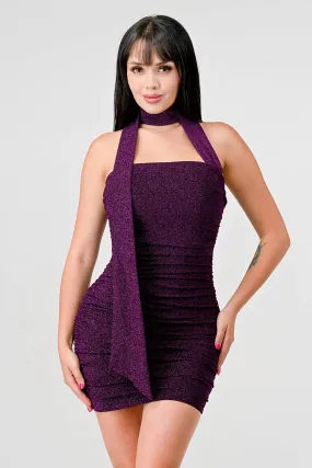 LUXE LUREX KNIT GLITTER SCARF NECK TUBE MINI DRESS