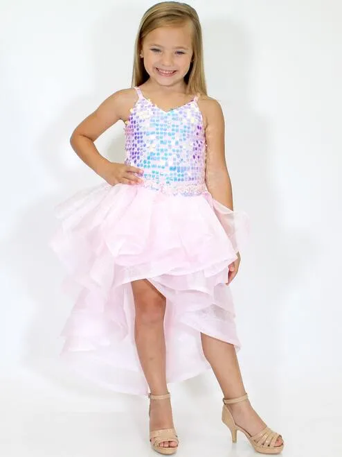 Marc Defang 5002 Pink High Low Sequin Girls Pageant Romper Layered Detachable Overskirt