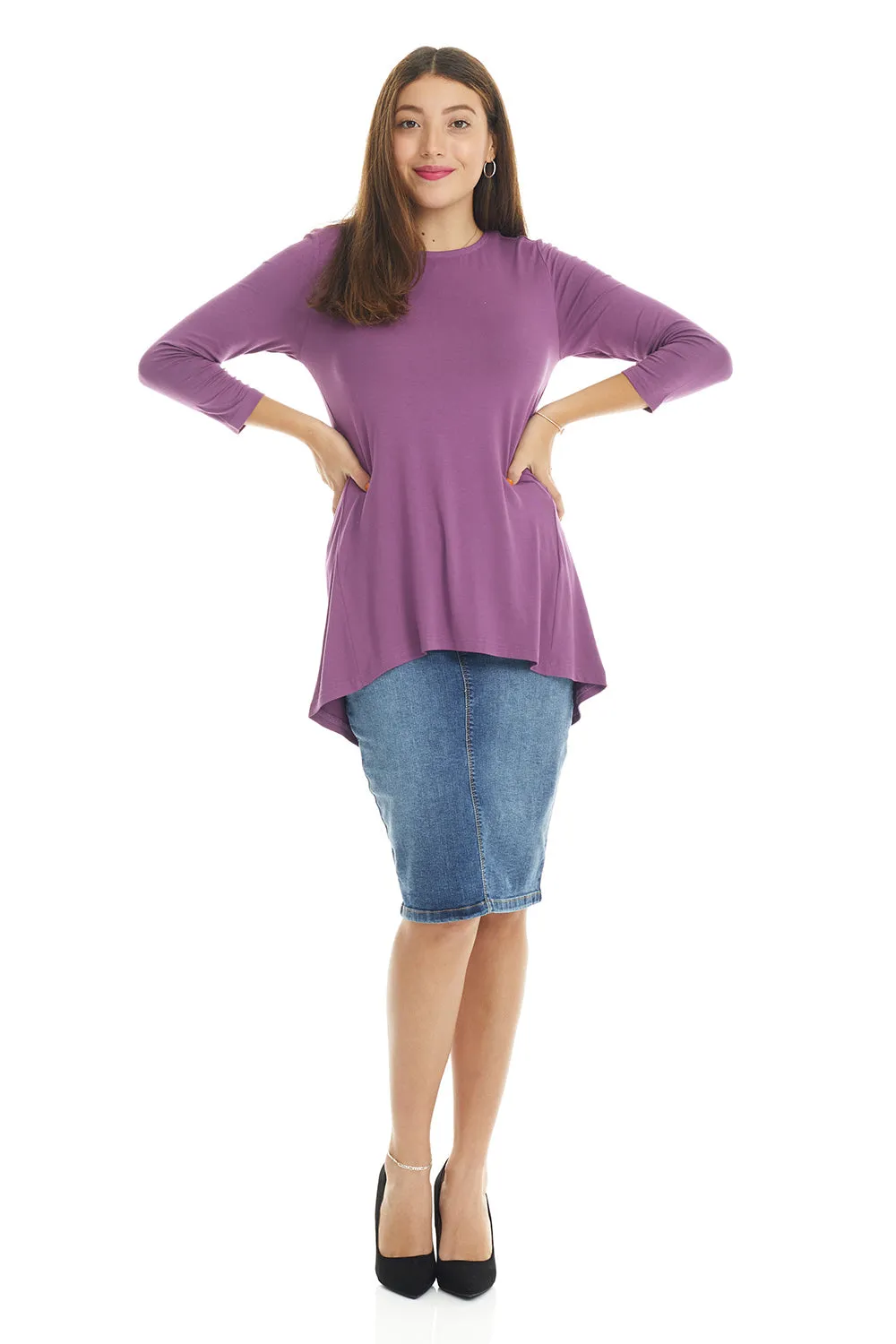 Mauve 3/4 Sleeve Crewneck Tunic Shirt 'Ivy' Top for Women