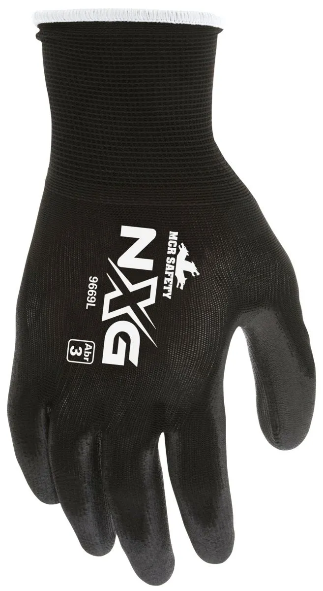 MCR Safety NXG 9669S 13 Gauge Nylon Shell PU Coated Work Gloves, Black, 1 Dozen