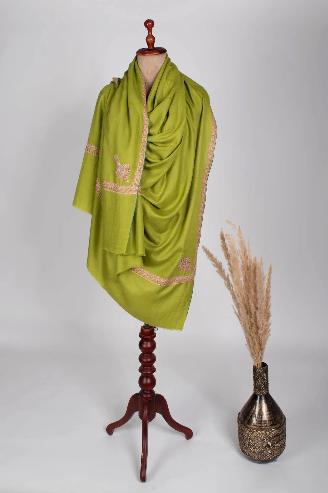 Mehandi Green Embroidered Pashmina Wrap - TRURO