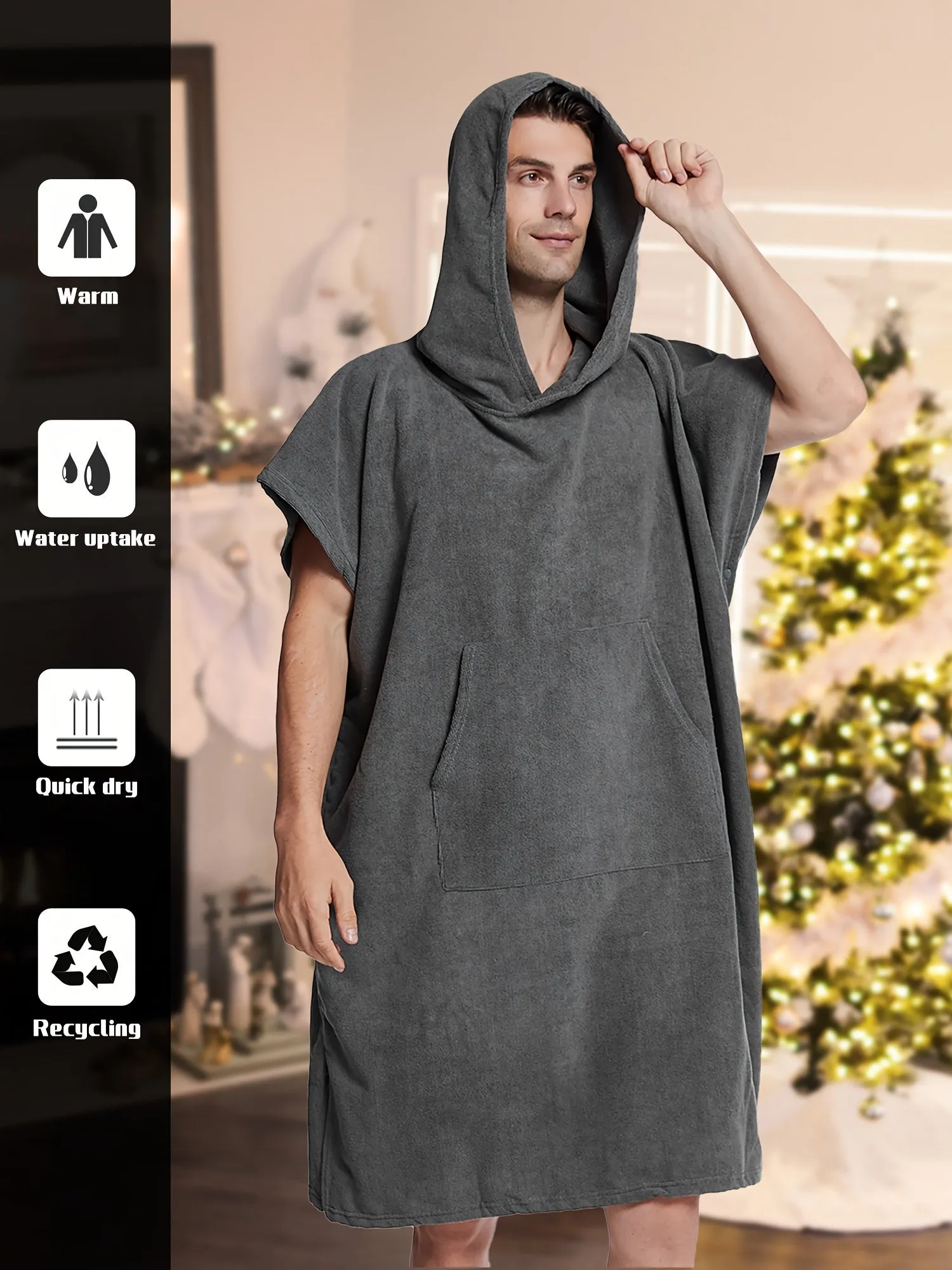 Men's Quick Drying Towel Robe Hoodie For Home Pajamas Wear Night-robe Bathrobe After Bath, Gift For Men (suitable For People Between 160 And 190 In Height)