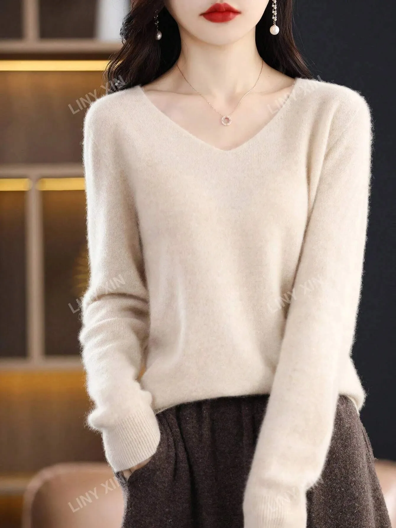 Merino Luxe: V-Neck Seamless Knit Sweater- 100% Merino Wool