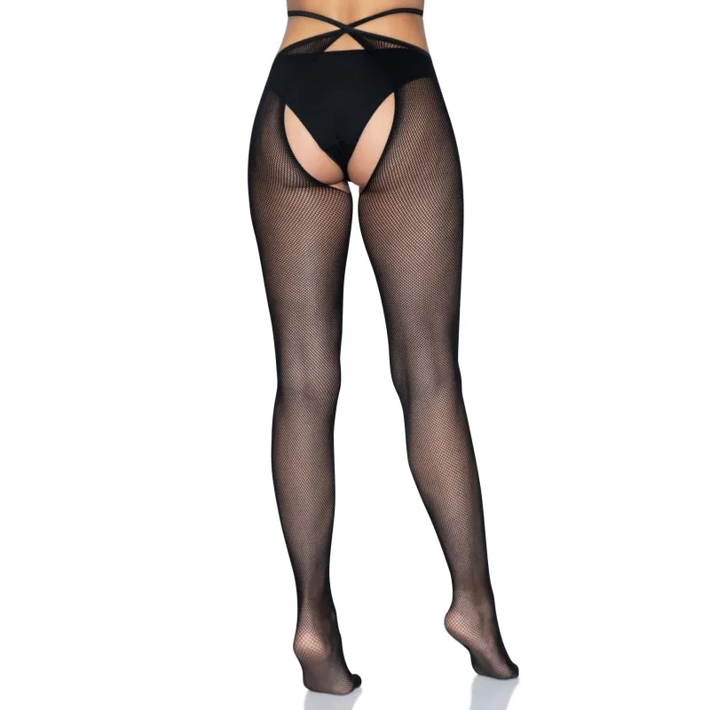 Micro Net Strappy Crotchless Tights - One Size - One Size -Black