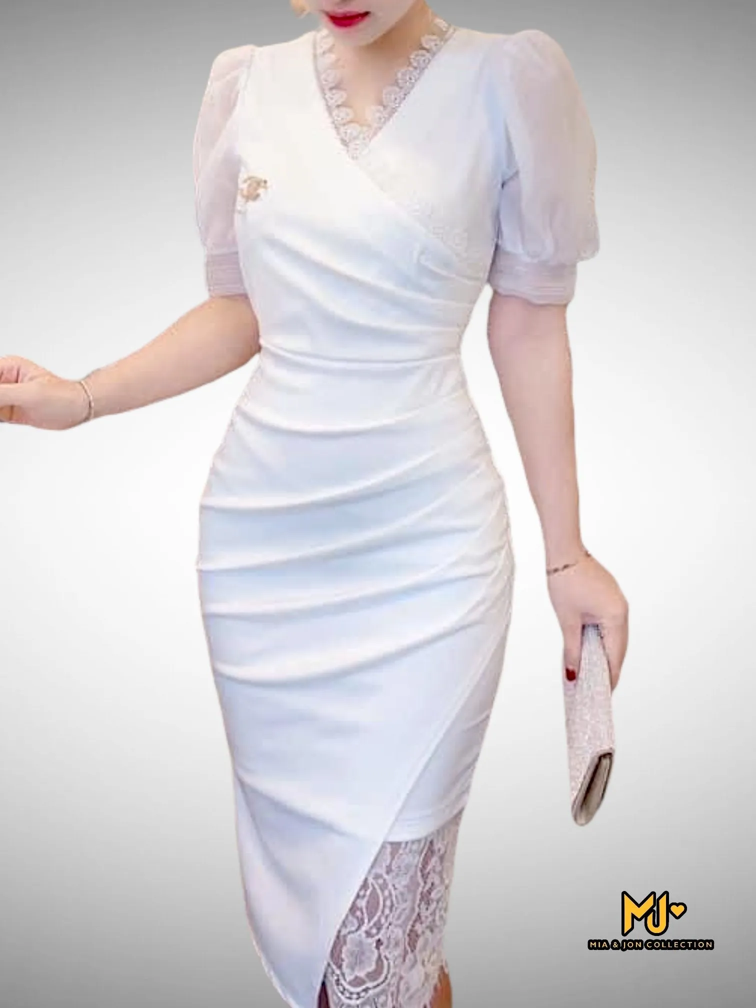 MJV1483 White Puff Sleeve Faux Wrap Party Dress