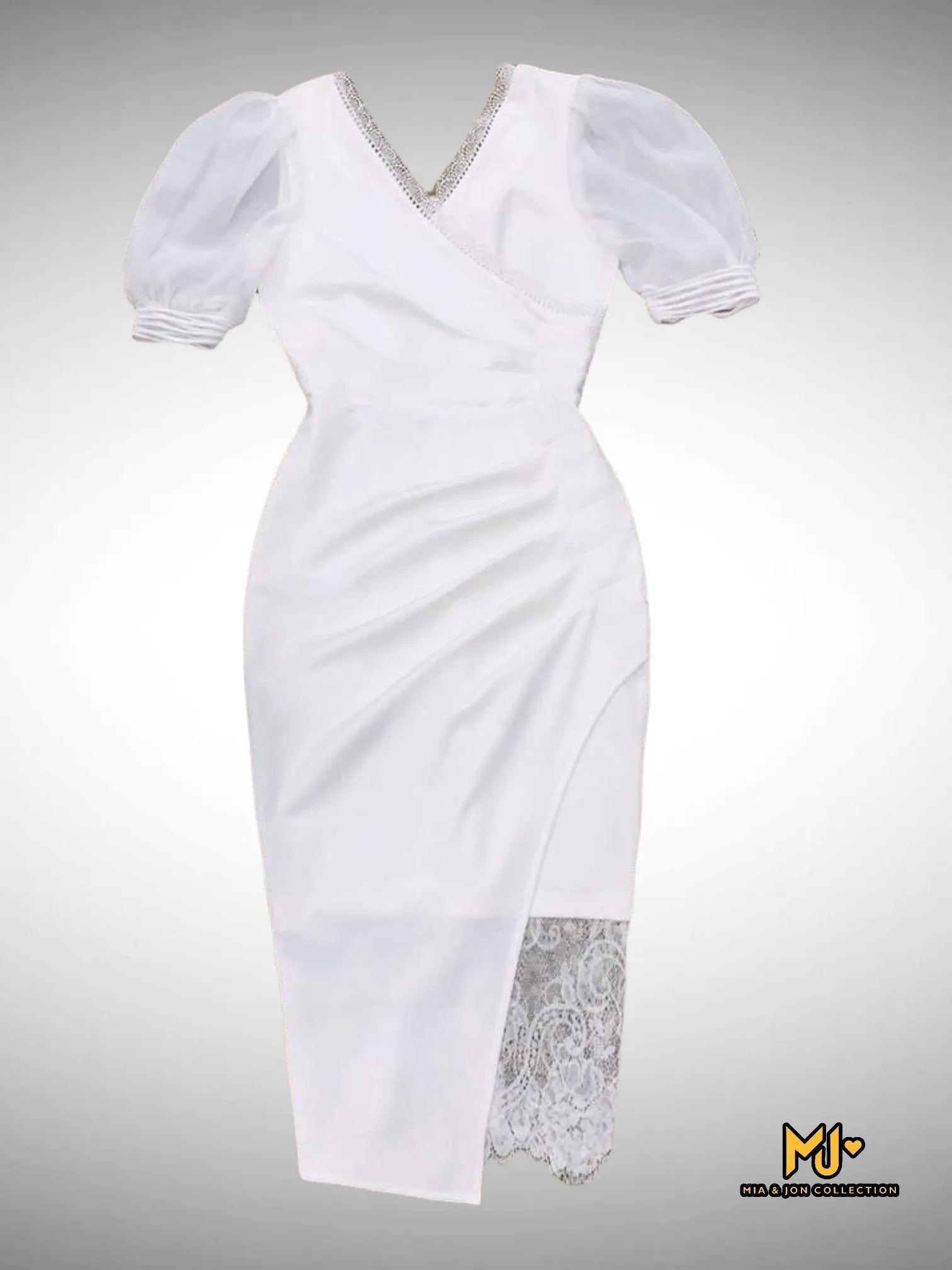 MJV1483 White Puff Sleeve Faux Wrap Party Dress