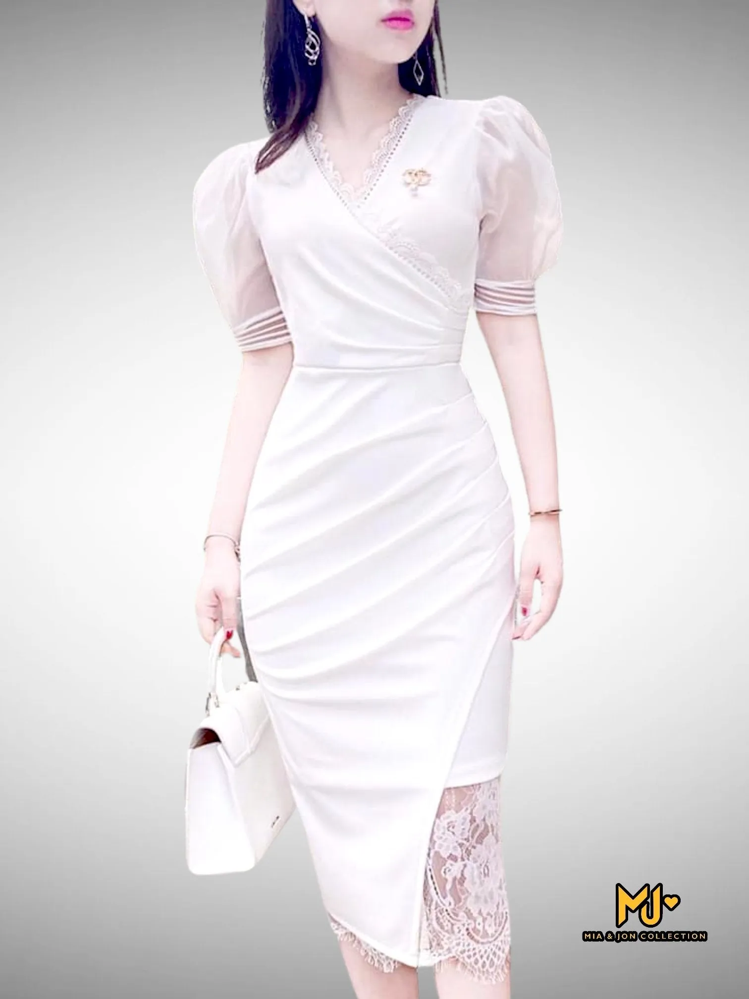 MJV1483 White Puff Sleeve Faux Wrap Party Dress