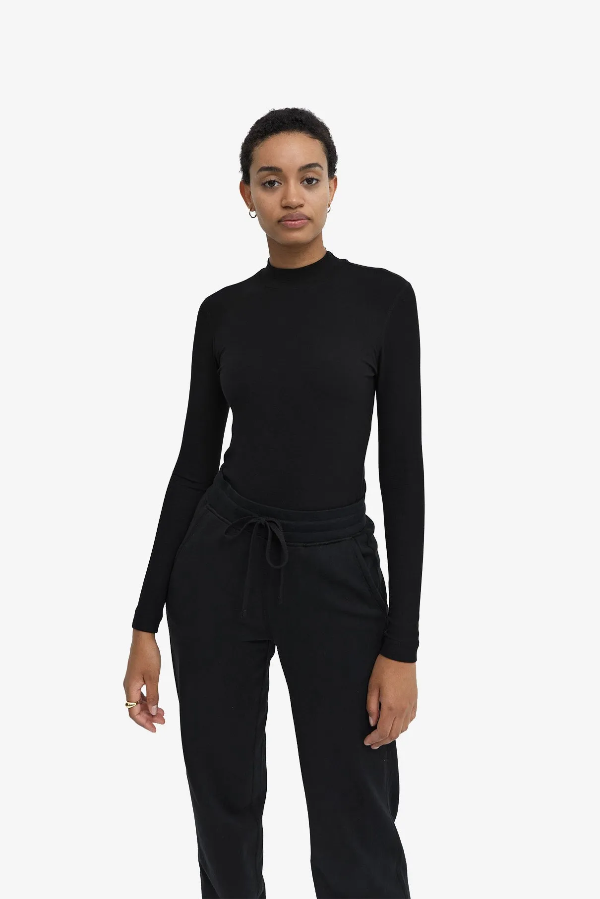 Modal Ribbed Mockneck Long Sleeve T-Shirt - Black