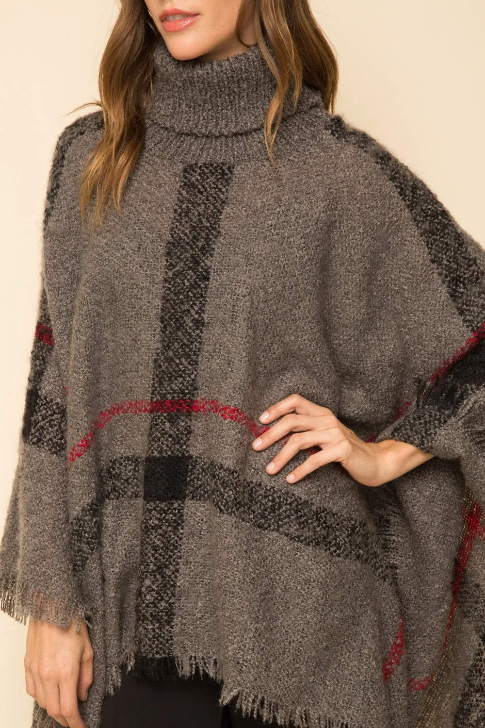 Mystree Charcoal Plaid Turtleneck Cape Poncho